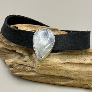 Black Leather Bracelet with Sterling Silver and Moonstone gemstone